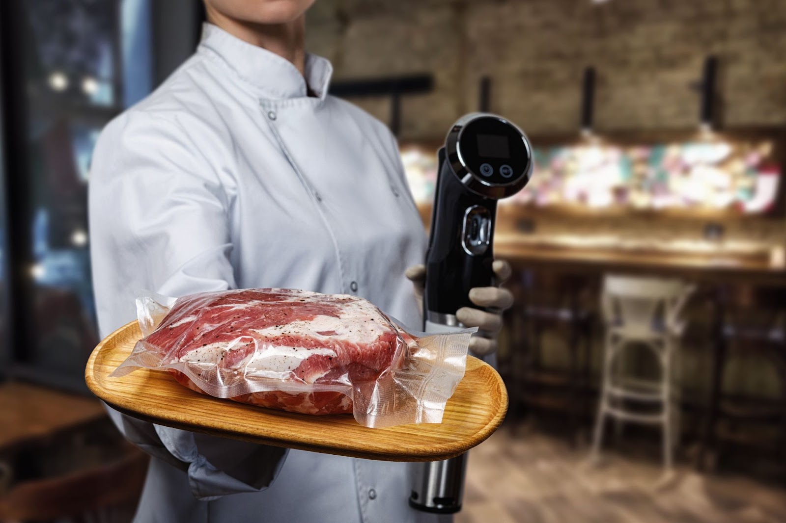 Individual in chef’s coat is preparing to cook a pork tenderloin using sous vide.